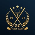 Golf club logo, badge or icon with crossed golf clubs and ball on tee. Vector illustration. Royalty Free Stock Photo